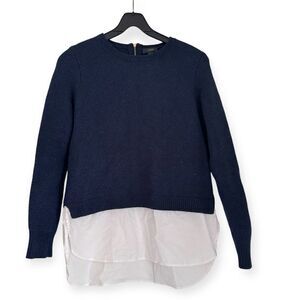 J. Crew Navy Blue White Lambswool Shirttail Crew neck Sweater Top Size Small